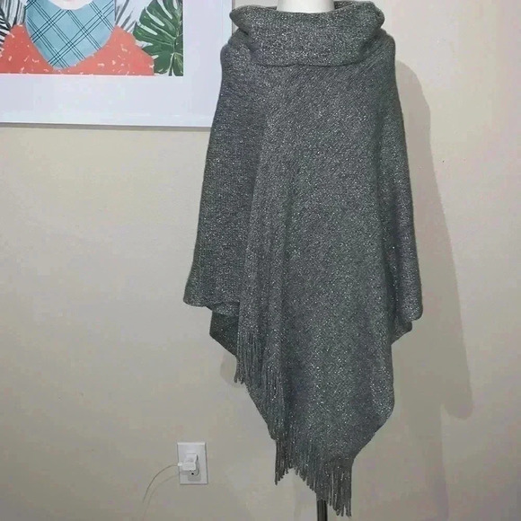 Chico’s Metallic Shine Fringe High-Neck Poncho - Picture 2 of 6